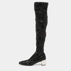 Roger Vivier Black Sequins Polly Over The Knee Mirror Block Heel Boots Size 39