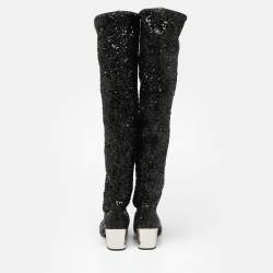 Roger Vivier Black Sequins Polly Over The Knee Mirror Block Heel Boots Size 39