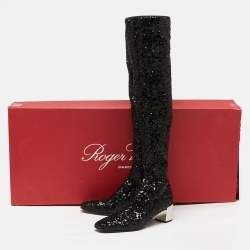 Roger Vivier Black Sequins Polly Over The Knee Mirror Block Heel Boots Size 39