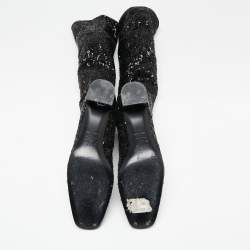 Roger Vivier Black Sequins Polly Over The Knee Mirror Block Heel Boots Size 39