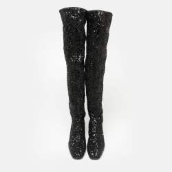 Roger Vivier Black Sequins Polly Over The Knee Mirror Block Heel Boots Size 39