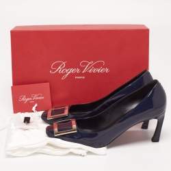 Pre Owned Roger Vivier Navy Blue Patent Leather Trompette Pumps Size 37