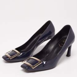 Pre Owned Roger Vivier Navy Blue Patent Leather Trompette Pumps Size 37