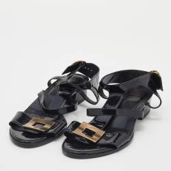 Pre Owned Roger Vivier Black Patent Leather Ankle Strap Sandals Size 38.5 