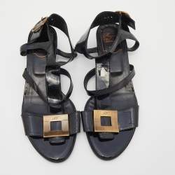 Pre Owned Roger Vivier Black Patent Leather Ankle Strap Sandals Size 38.5 