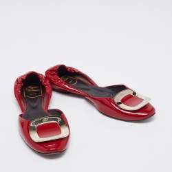 Pre Owned Roger Vivier Red Patent Leather Chips Buckle Flat D'Orsay Sandals Size 36