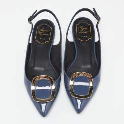 Pre Owned Roger Vivier Hale Navy Blue Patent Leather Slingback Flats Size 37