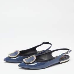 Pre Owned Roger Vivier Hale Navy Blue Patent Leather Slingback Flats Size 37