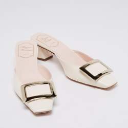 Pre Owned Roger Vivier Cream Patent Leather Belle Vivier Mules Size 35.5