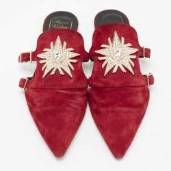 Roger Vivier  Red Suede Star Strass Mule Flats Size 40