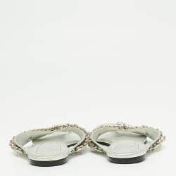 Pre Owned Roger Vivier Metallic Silver Leather Crystal Embellished Thong Flats Size 38.5