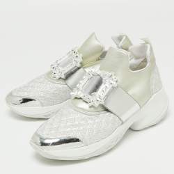 Roger Vivier Silver  Fabrics  And Leather Viv' Run Strass Buckle Sneakers Size 40.5