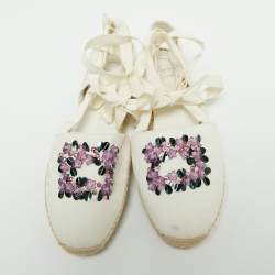 Roger Vivier White Canvas Embellished Lace Up Espadrille Flats Size 38.5