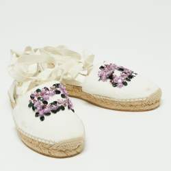 Roger Vivier White Canvas Embellished Lace Up Espadrille Flats Size 38.5