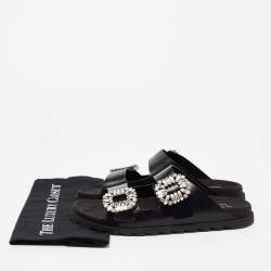 Pre Owned Roger Vivier Black Leather Crystal Embellished Buckle Slide Sandals Size 41