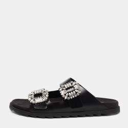 Pre Owned Roger Vivier Black Leather Crystal Embellished Buckle Slide Sandals Size 41