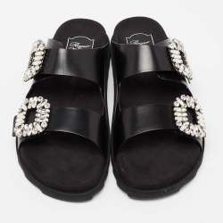 Pre Owned Roger Vivier Black Leather Crystal Embellished Buckle Slide Sandals Size 41