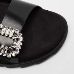 Pre Owned Roger Vivier Black Leather Crystal Embellished Buckle Slide Sandals Size 41