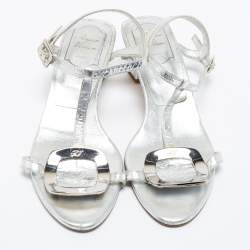 Pre Owned Roger Vivier Silver Metallic Silver Leather Ankle Strap Sandals Size 37