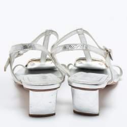Pre Owned Roger Vivier Silver Metallic Silver Leather Ankle Strap Sandals Size 37