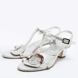 Pre Owned Roger Vivier Silver Metallic Silver Leather Ankle Strap Sandals Size 37