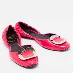 Pre Owned Roger Vivier Neon Pink Patent Leather Chips D'Orsay Buckle Flats Size 39