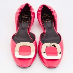 Pre Owned Roger Vivier Neon Pink Patent Leather Chips D'Orsay Buckle Flats Size 39