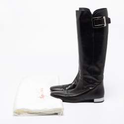 Pre Owned Roger Vivier Black Leather Buckle Knee Length Boots Size 38