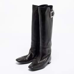 Pre Owned Roger Vivier Black Leather Buckle Knee Length Boots Size 38