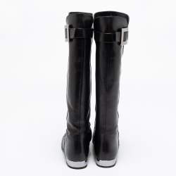 Pre Owned Roger Vivier Black Leather Buckle Knee Length Boots Size 38