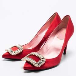 Pre Owned Roger Vivier Red Satin Crystal Embellished Trompette Pumps Size 38