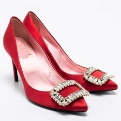 Pre Owned Roger Vivier Red Satin Crystal Embellished Trompette Pumps Size 38