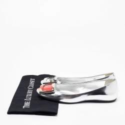 Pre Owned Roger Vivier Silver Leather Gommette Love Ballet Flats Size 37