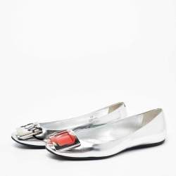 Pre Owned Roger Vivier Silver Leather Gommette Love Ballet Flats Size 37
