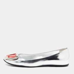 Pre Owned Roger Vivier Silver Leather Gommette Love Ballet Flats Size 37