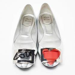 Pre Owned Roger Vivier Silver Leather Gommette Love Ballet Flats Size 37