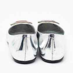 Pre Owned Roger Vivier Silver Leather Gommette Love Ballet Flats Size 37