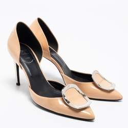 Pre Owned Roger Vivier Beige Patent Leather Chips Buckle D'orsay Pumps Size 37