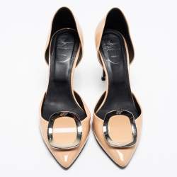 Pre Owned Roger Vivier Beige Patent Leather Chips Buckle D'orsay Pumps Size 37