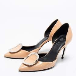 Pre Owned Roger Vivier Beige Patent Leather Chips Buckle D'orsay Pumps Size 37