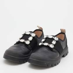 Pre Owned Roger Vivier Black Leather Crystal Buckle Walky Viv' Slip On Sneakers Size 38