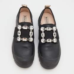 Pre Owned Roger Vivier Black Leather Crystal Buckle Walky Viv' Slip On Sneakers Size 38