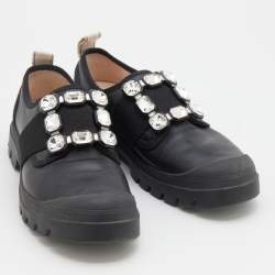 Pre Owned Roger Vivier Black Leather Crystal Buckle Walky Viv' Slip On Sneakers Size 38