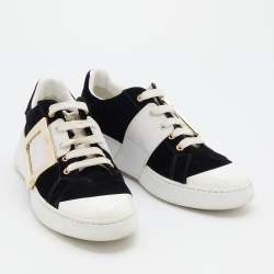 Roger Vivier Black/White Velvet and Patent Leather Metal Buckle Viv' Skate Sneakers Size 38