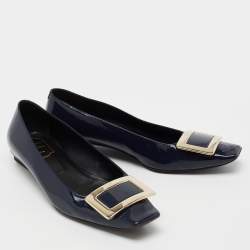 Pre Owned Roger Vivier Navy Blue Patent Leather Belle Ballet Flats Size 38