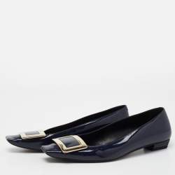 Pre Owned Roger Vivier Navy Blue Patent Leather Belle Ballet Flats Size 38