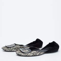 Roger Vivier Black/White Lace And Suede Chips D'orsay Buckle Flats Size 39
