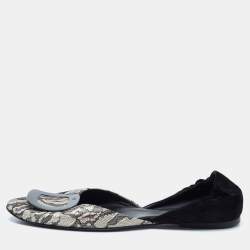 Roger Vivier Black/White Lace And Suede Chips D'orsay Buckle Flats Size 39