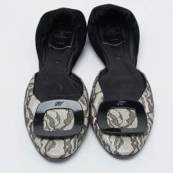 Roger Vivier Black/White Lace And Suede Chips D'orsay Buckle Flats Size 39