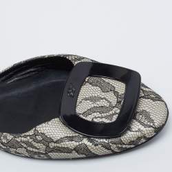 Roger Vivier Black/White Lace And Suede Chips D'orsay Buckle Flats Size 39